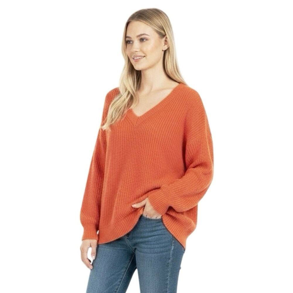 ANTHROPOLOGIE Women’s Pumpkin Spice Orange Vneck Rib Knit Sweater